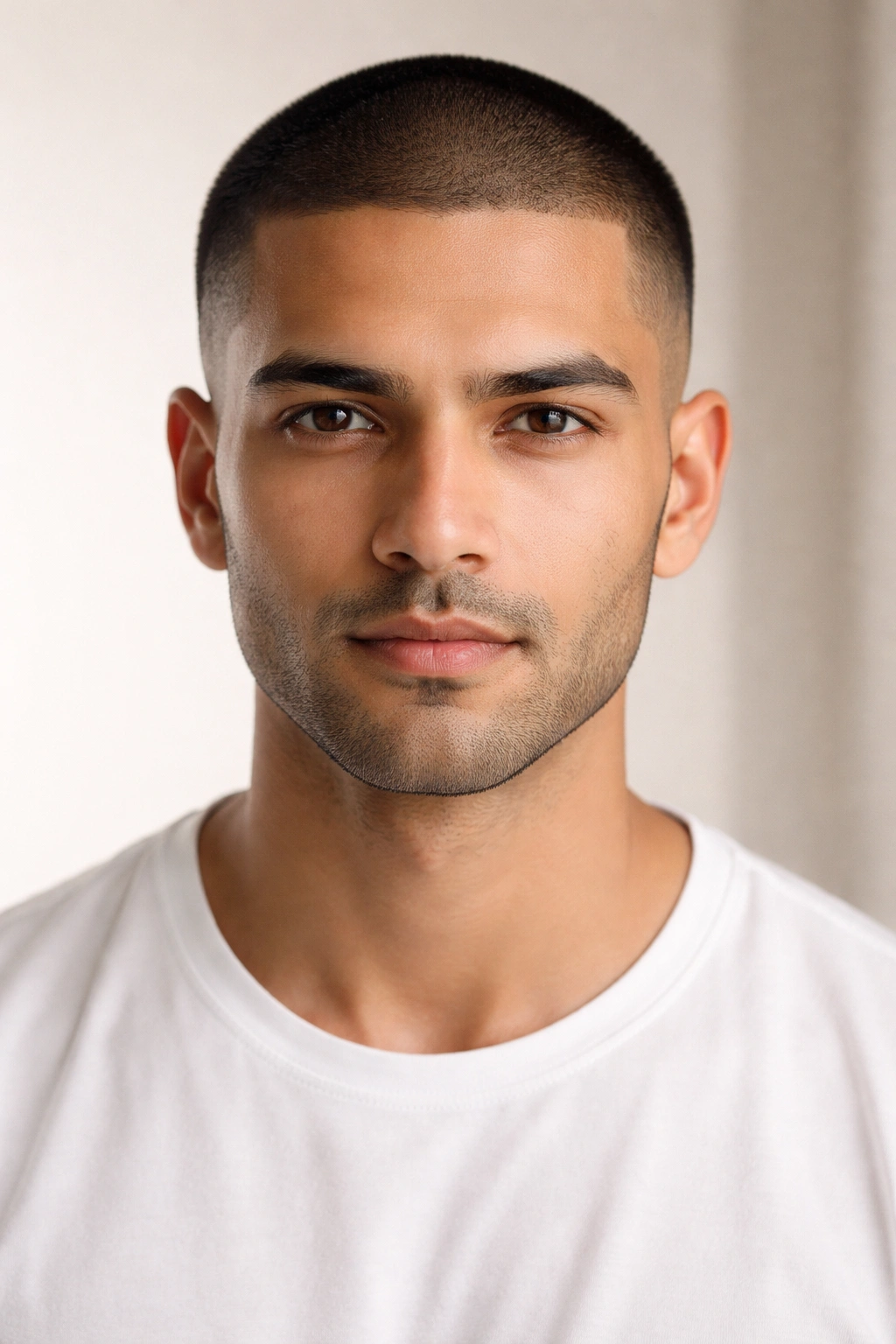 Man with a uniform buzz cut in a head-and-shoulders portrait
