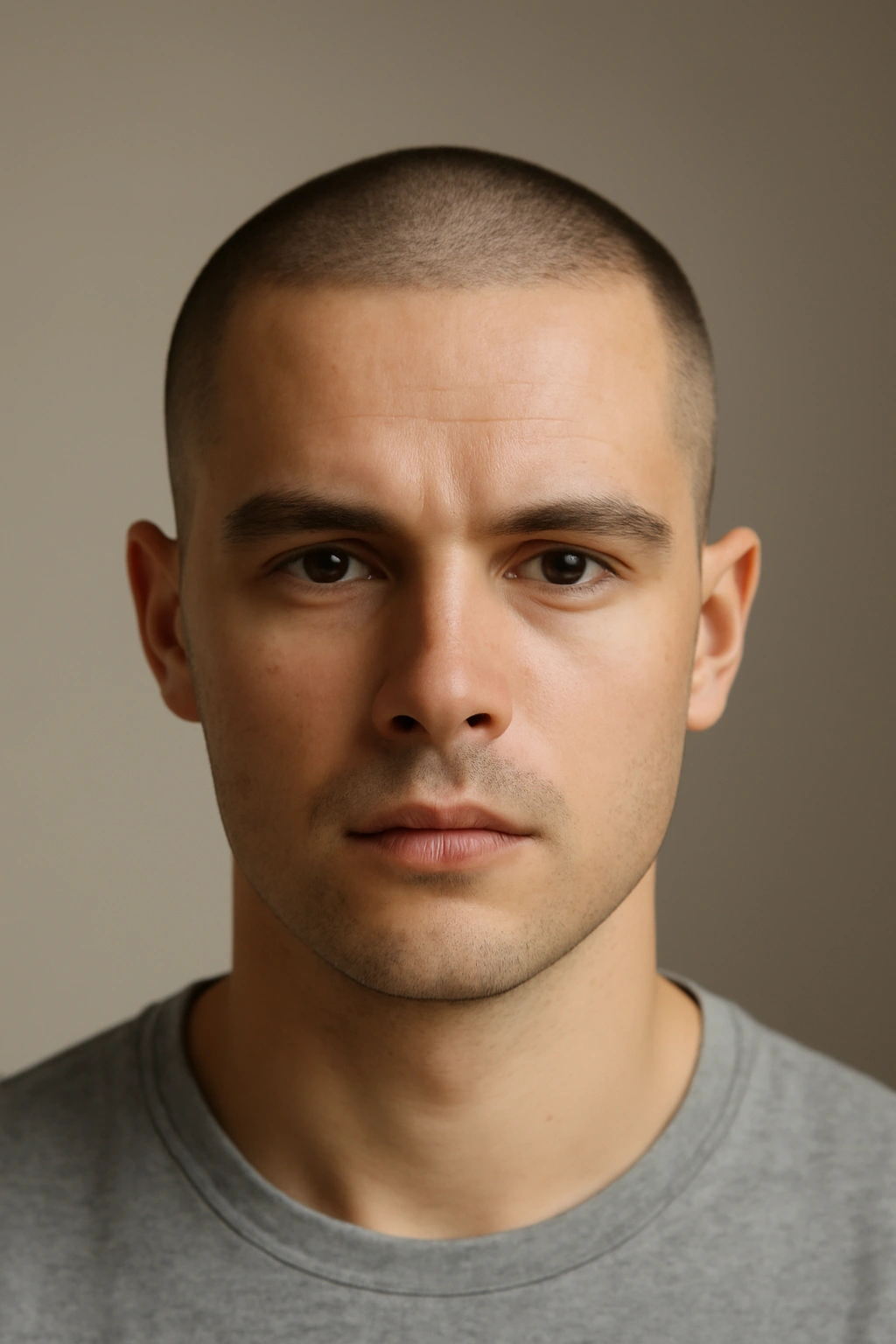 20 Men's Haircuts Matched to Face Shape and Hair Type 9 Close-up of a man with a uniform buzz cut and smooth scalp