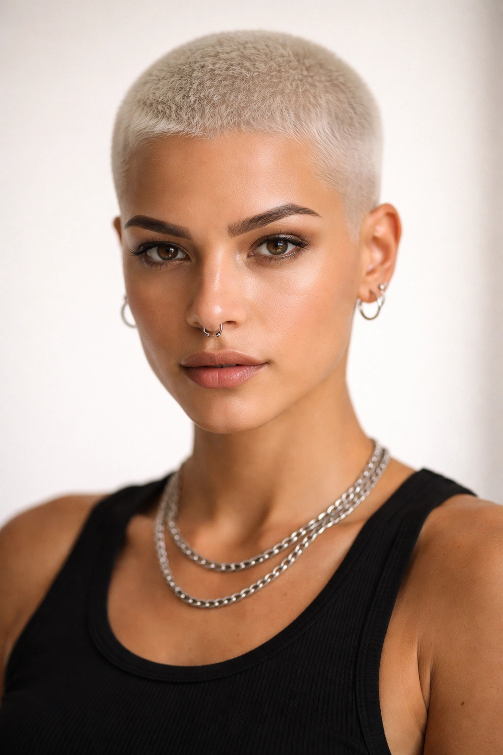 10 Queer Short Haircuts That Make A Statement 8 Close-up portrait of a person with platinum blonde buzz cut and sharp hairline