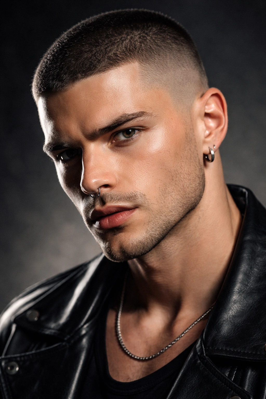 Close-up of a person with a tight buzz cut and defined jawline