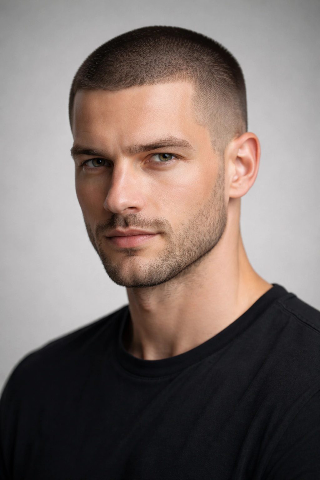 Close-up portrait of a man with a short buzz cut and sharp jawline