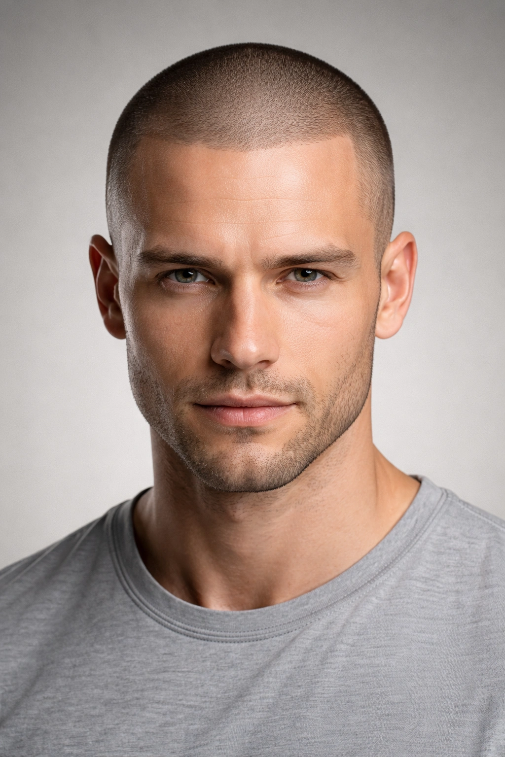 Close-up portrait of a person with a uniform buzz cut, highlighting bone structure and clean scalp