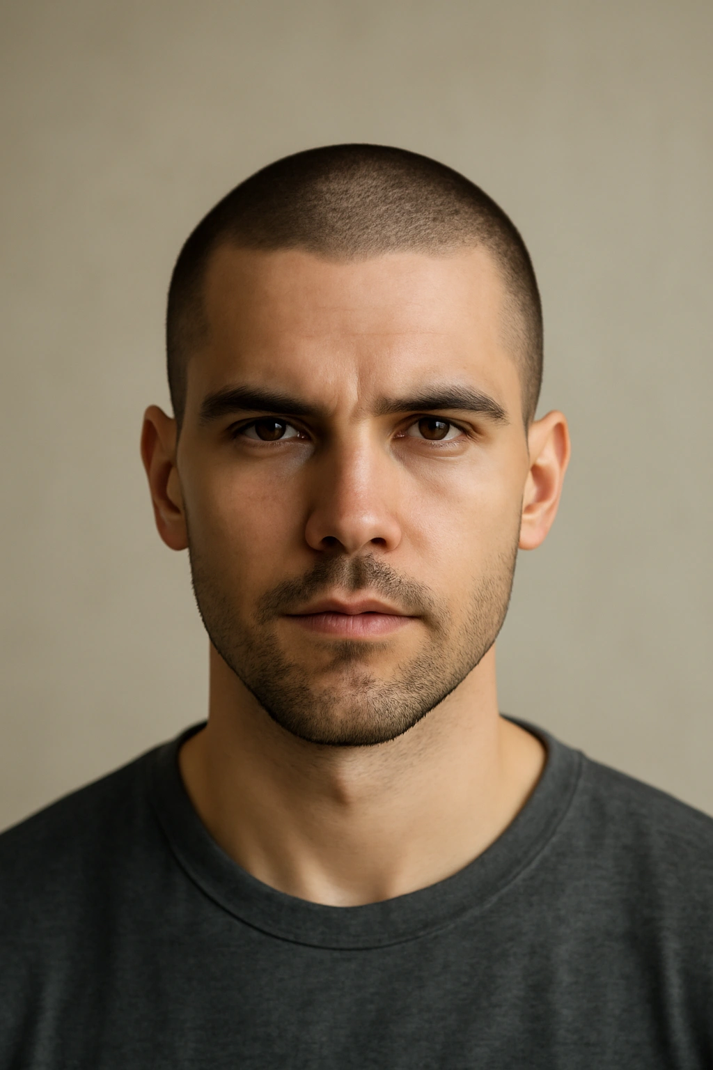 15 Sharp Short Haircuts Every Man Should Try 5 Head-on portrait of a man with a uniform buzz cut