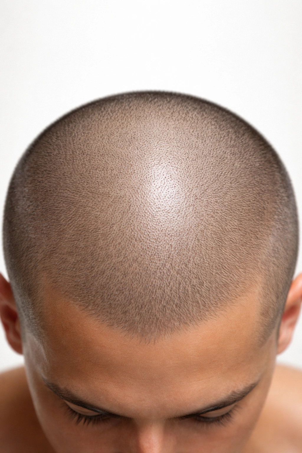 Close-up of a buzz-cut scalp with natural shine