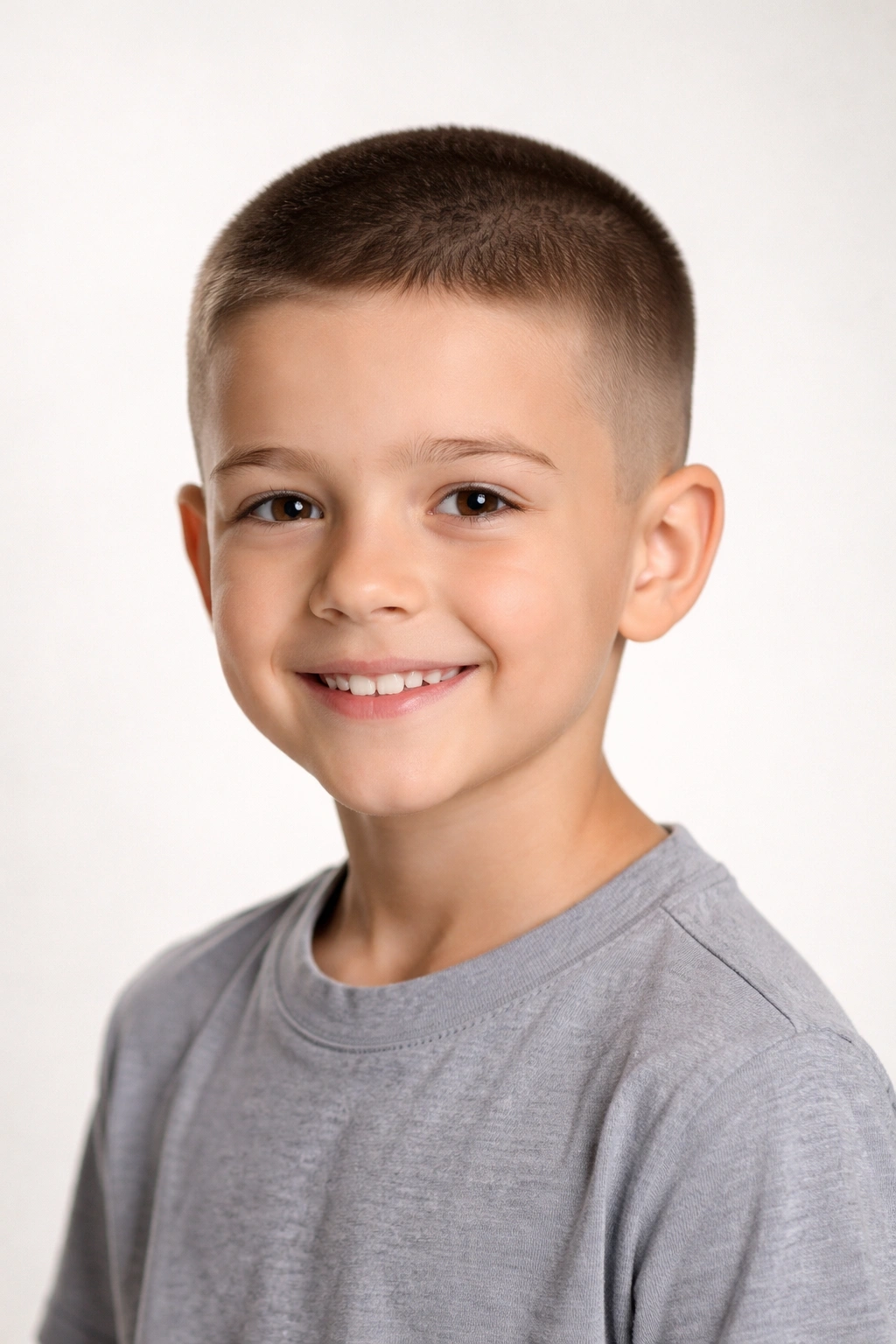 Boy with a uniform buzz cut and neat neckline.