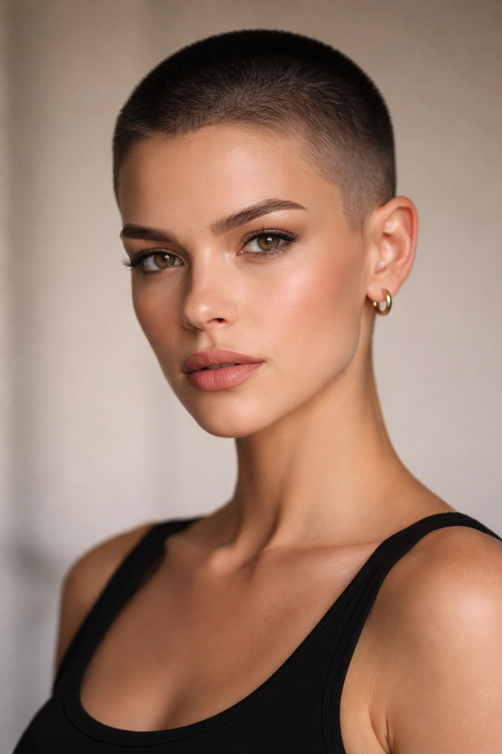 12 Boyish Short Haircuts Women Keep Asking For 6 Front-facing portrait of a woman with a buzz cut or short fade