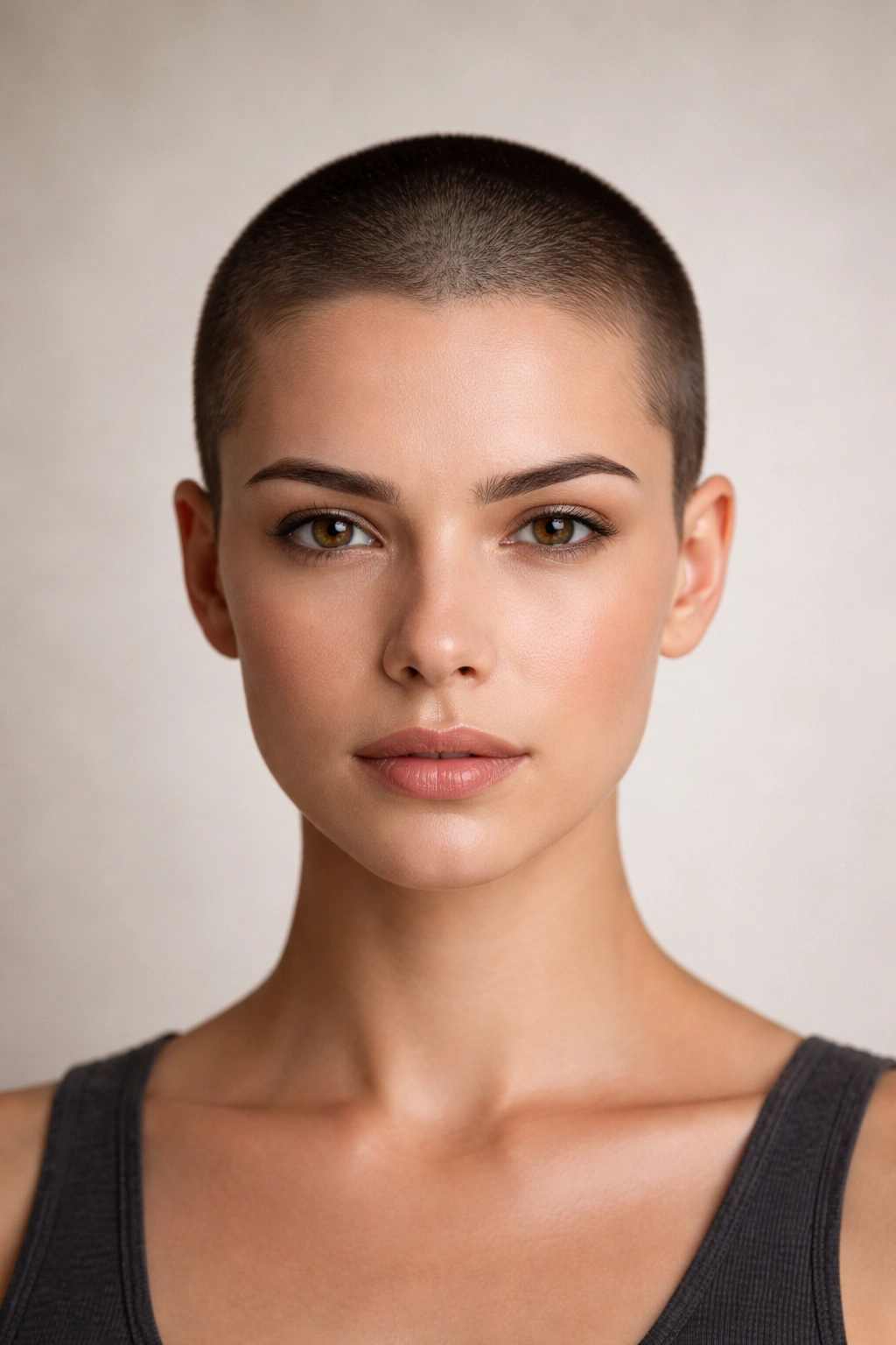 Close-up portrait of a person with a uniform buzz cut highlighting sculpted features
