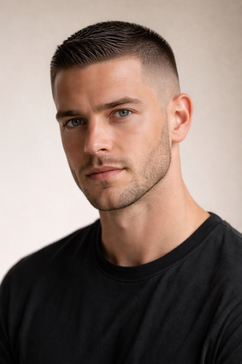 Portrait of a man with a buzz cut styled for a subtle, polished shine.