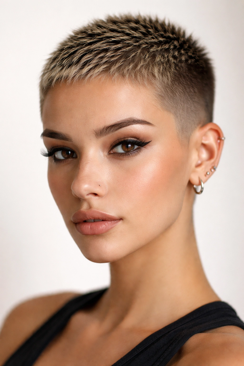Close-up of a cropped buzz cut with subtle spikes on the crown
