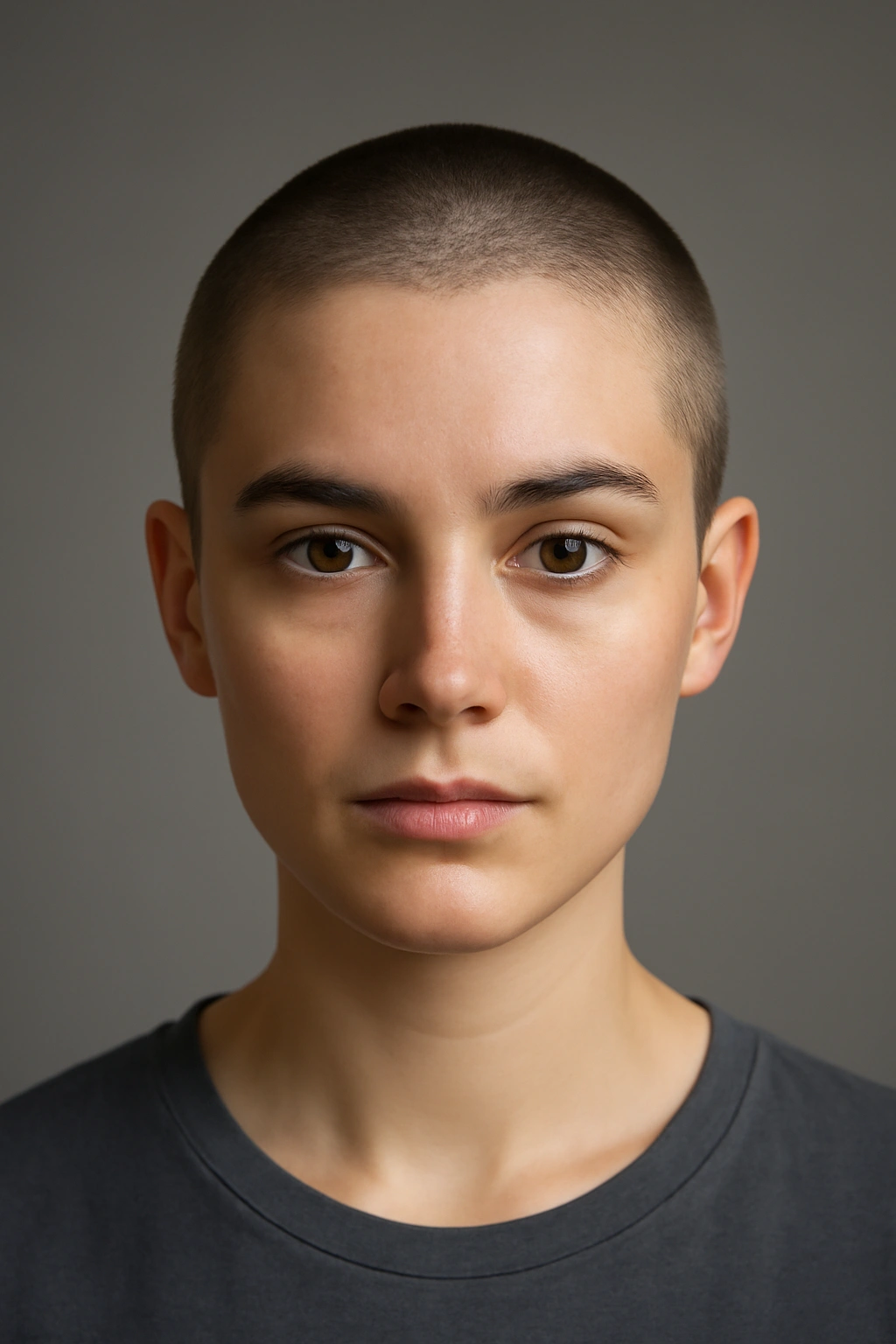 25 Hairstyles For Women Sorted By Length 7 Close-up portrait of a person with a quarter-inch buzz cut under studio lighting