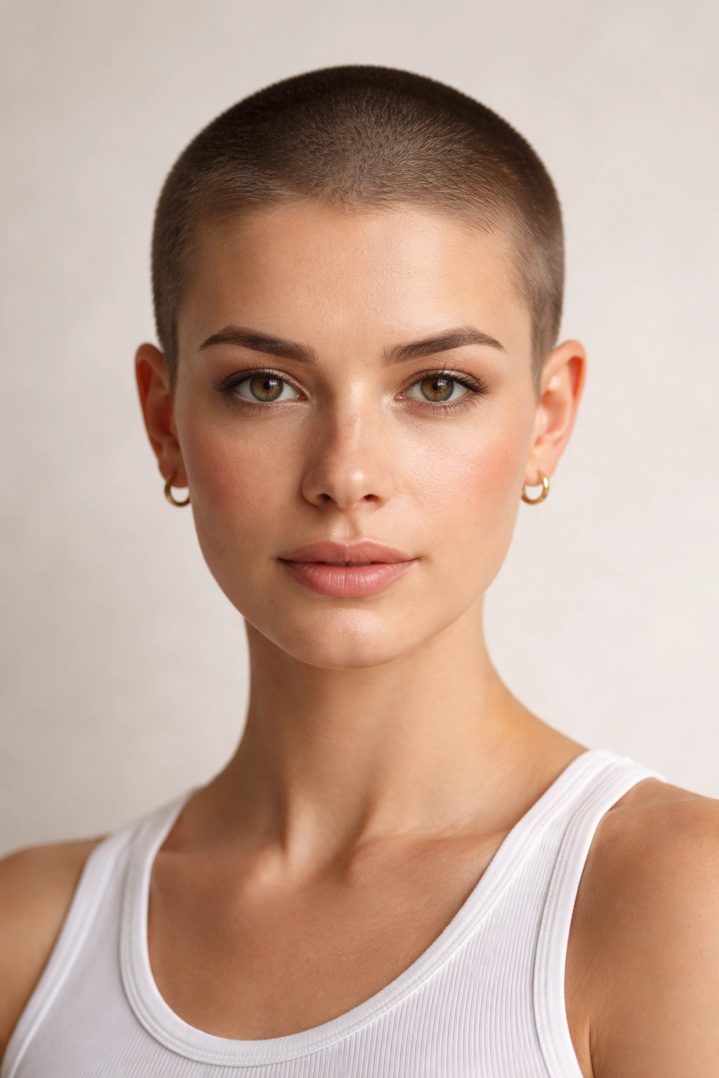 Portrait of a person with a uniform buzz cut all around