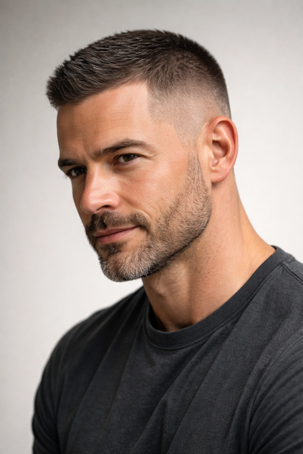 Portrait of a man with Buzz Cut Updated, top longer than sides, studio lighting.