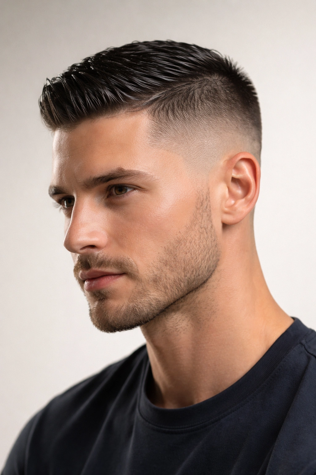 Close-up of buzz fade with glossy wet-look hair on top