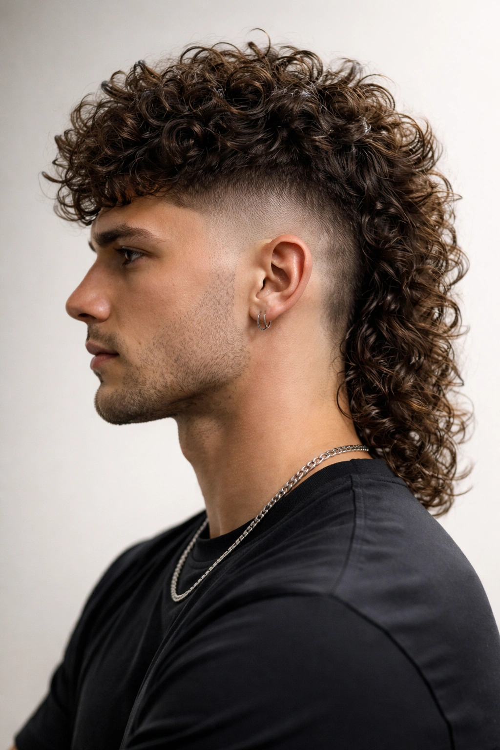 Buzz-Fade Mullet with sharp side fade and textured curly top