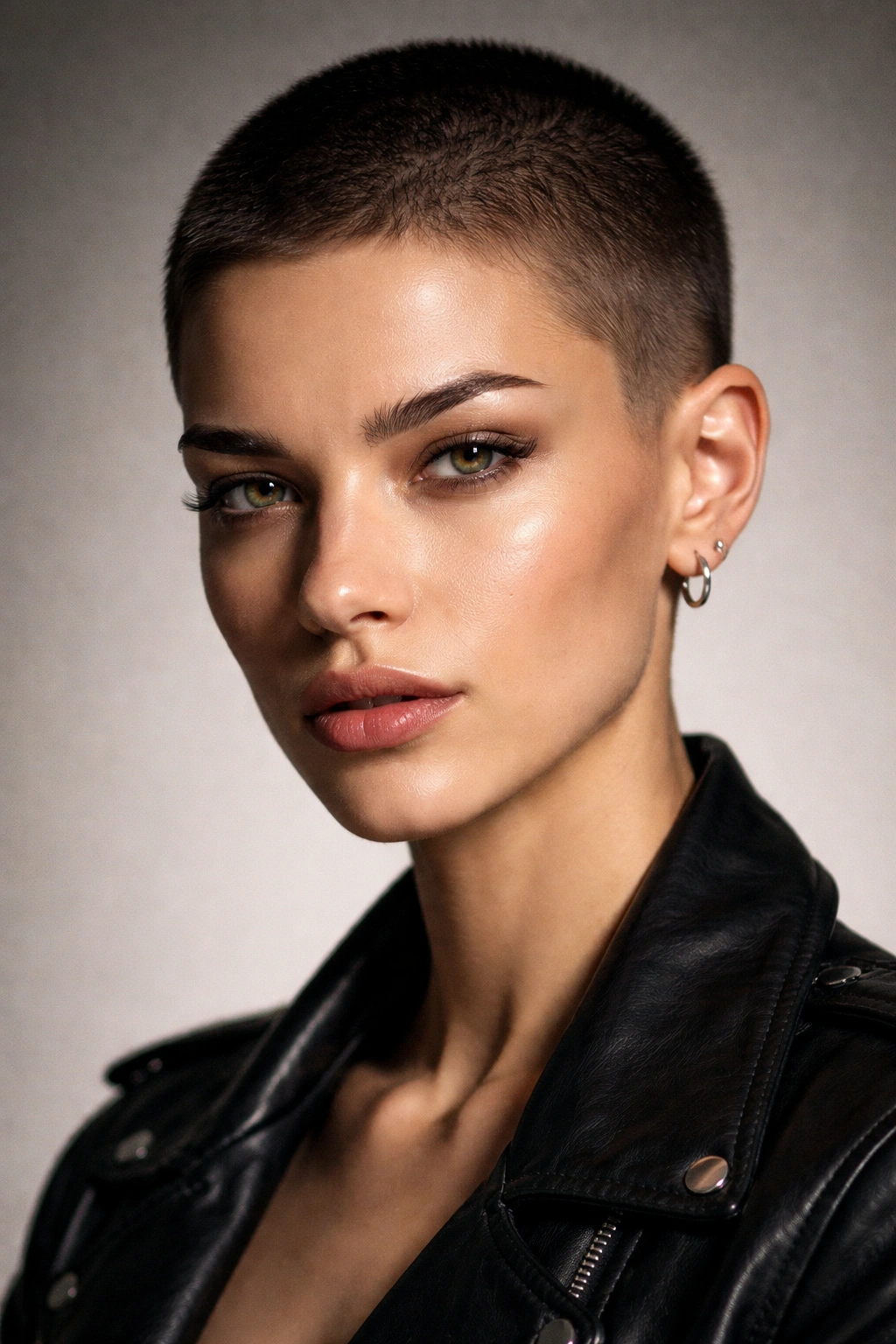Buzz pixie emphasizing cheekbones and bone structure