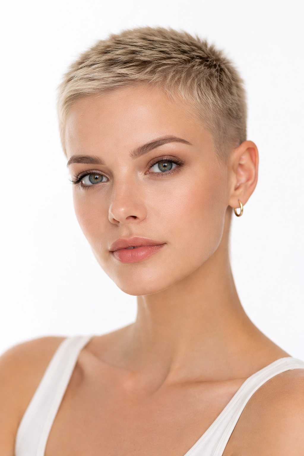 Ultra-short The Buzz Pixie with a slight top length and crisp silhouette.