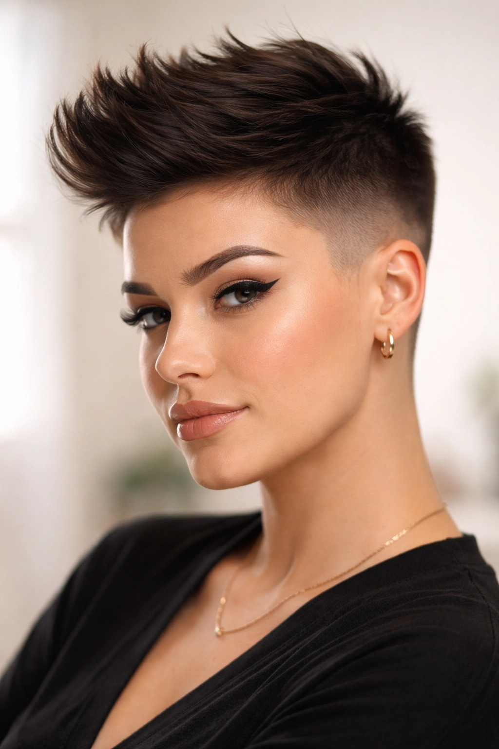 10 Short Haircuts That Minimize A Double Chin 10 Close-up of a modern buzzed fade with a longer top highlighting top-volume silhouette