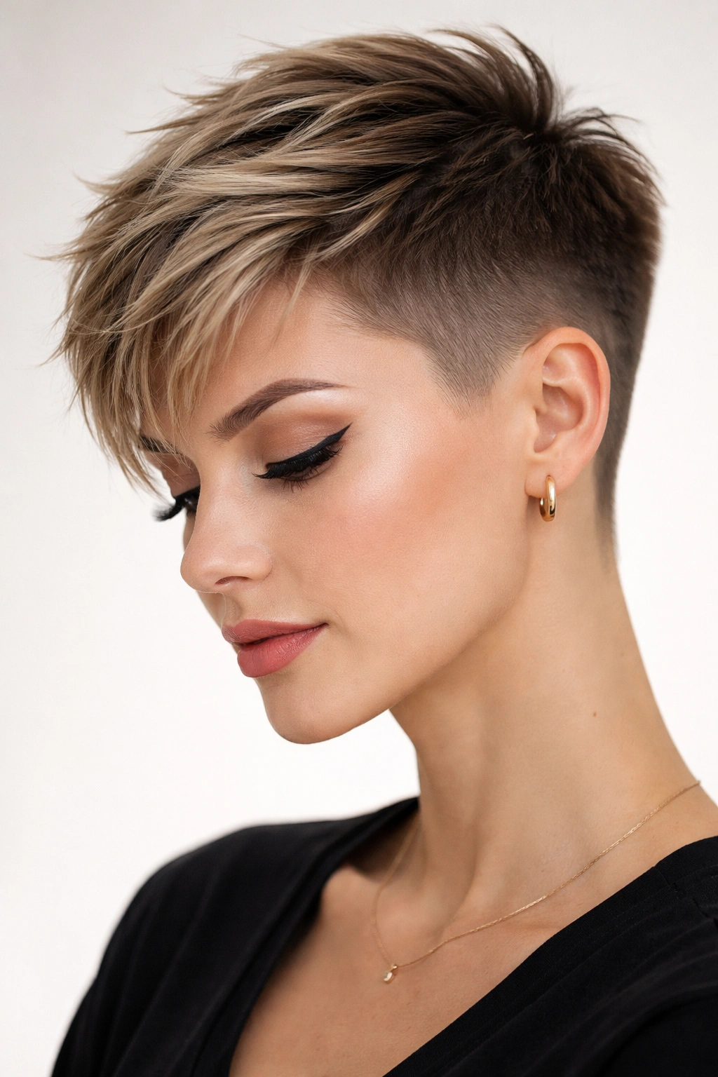 Portrait of a person with a buzzed pixie and longer top, showing extreme contrast between top and sides.