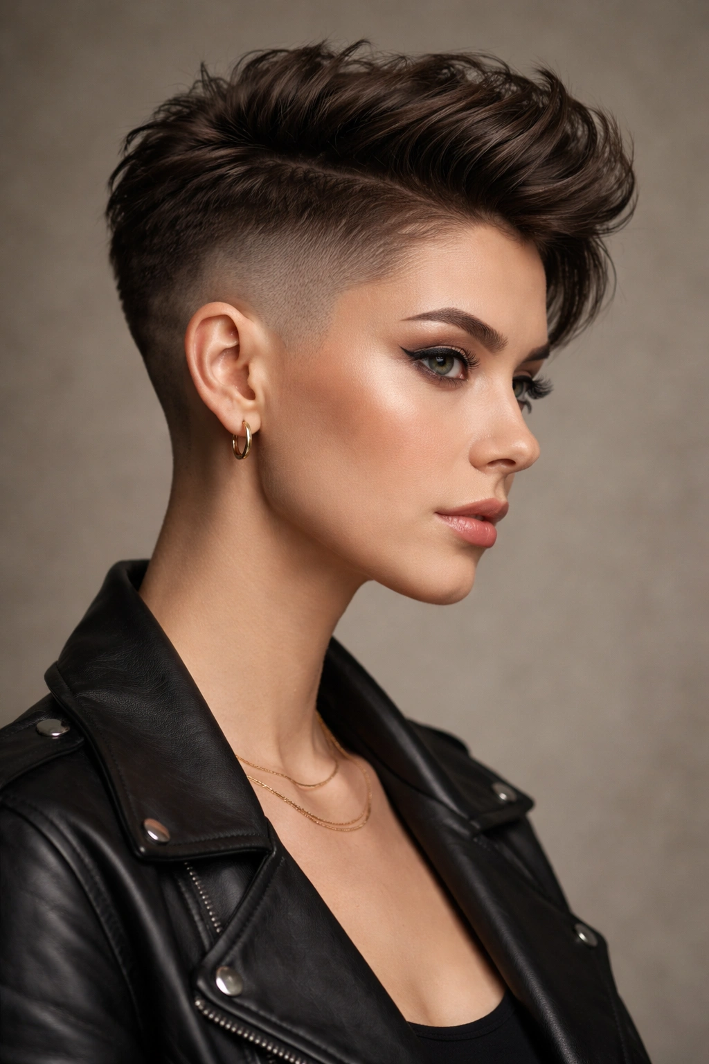 Close-up of a buzzed-sides hairstyle with short sides and longer top on a model