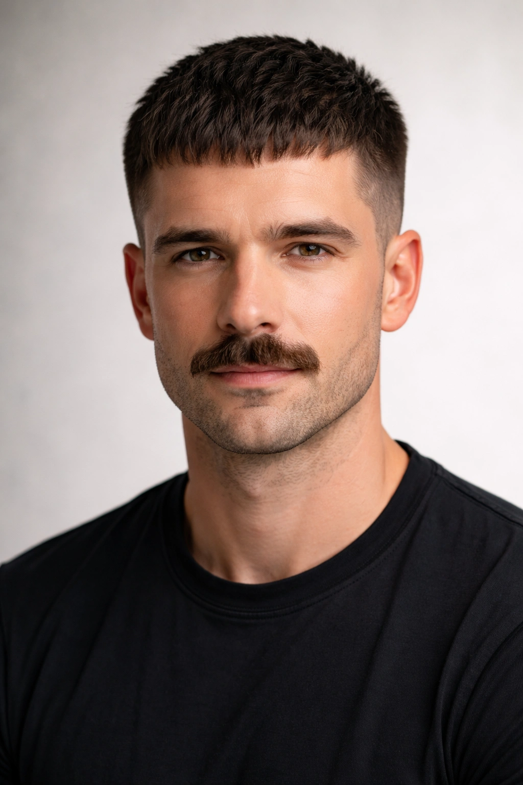 Portrait of a man with a Caesar cut and classic mustache.