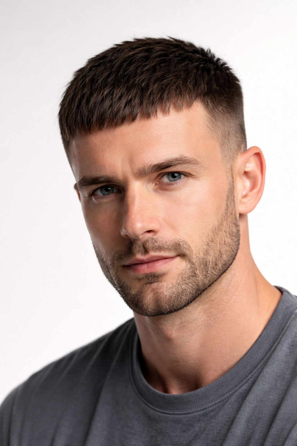 Caesar cut with forward fringe close-up