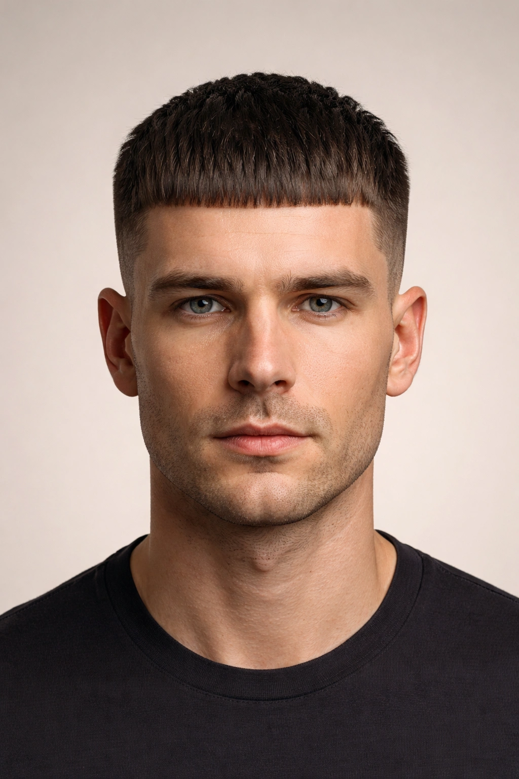 Front view of Caesar cut with squared fringe