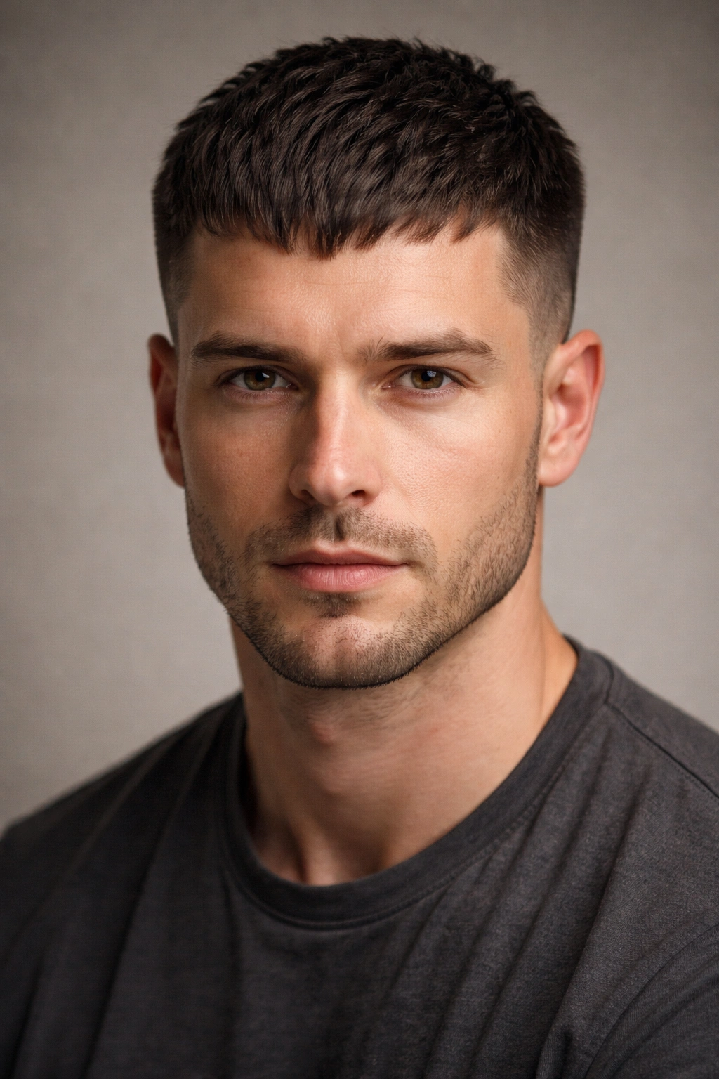 Portrait of a man with a Caesar cut fringe forward covering part of the forehead
