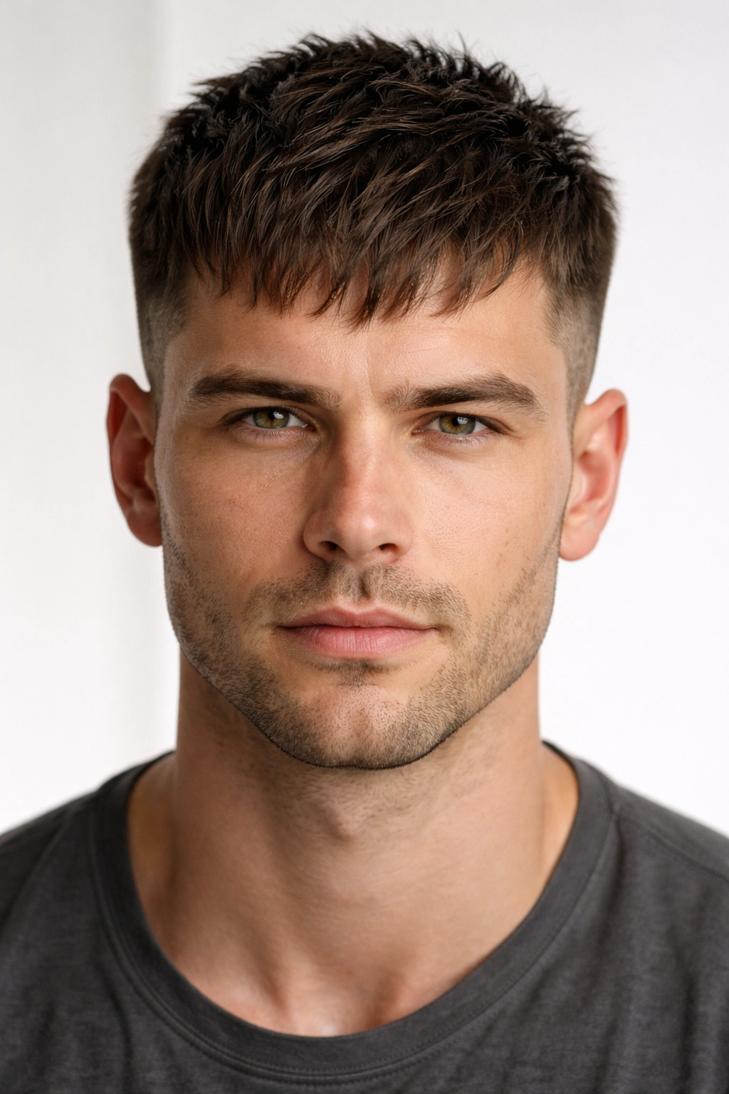 Caesar cut hairstyle with forward textured fringe