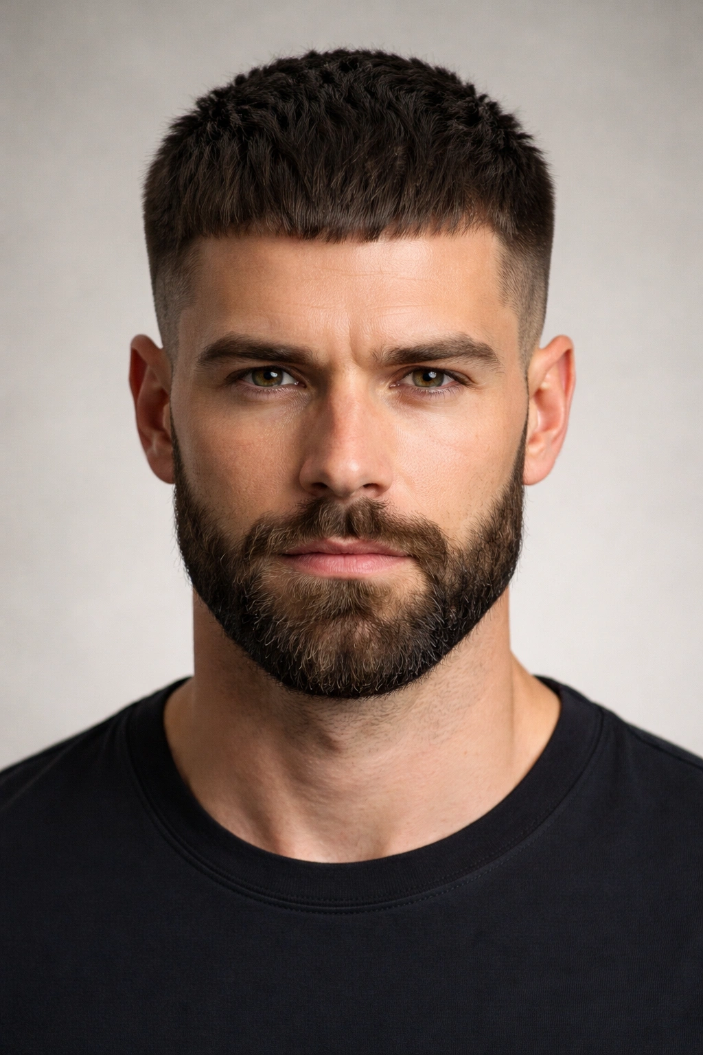 Man with Caesar cut and full beard in studio portrait