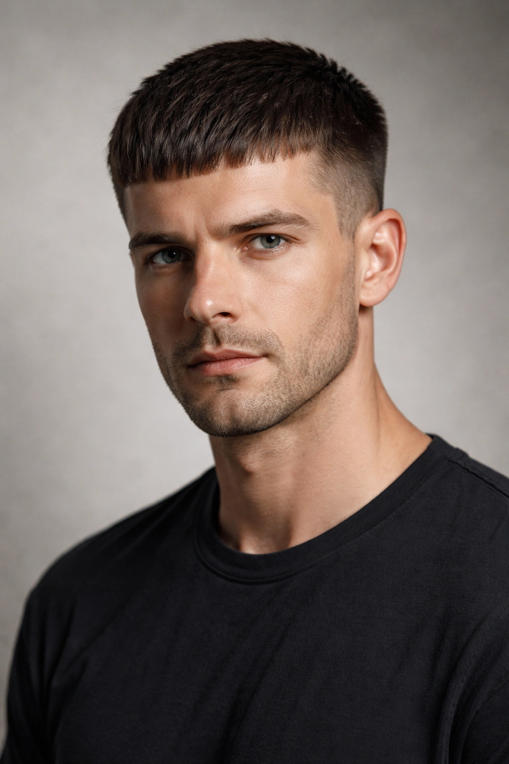 Caesar cut headshot with forward-brushed fringe