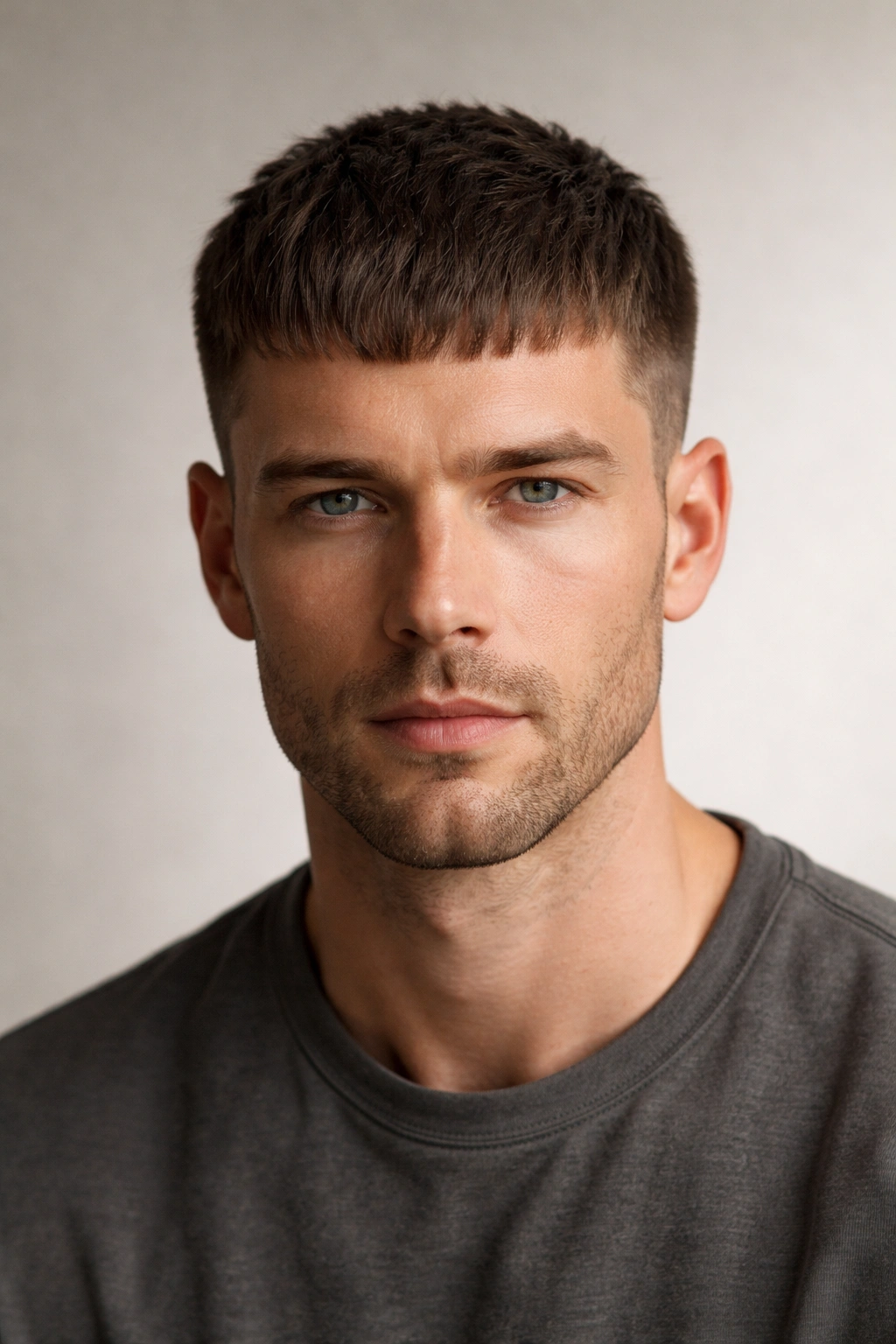 Male head with Caesar cut and forward fringe