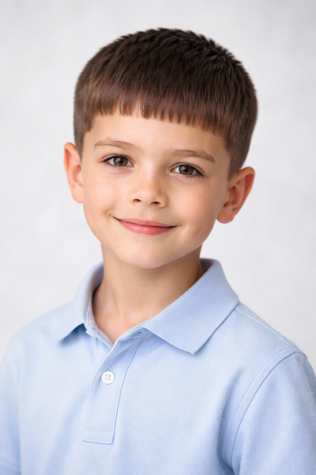 Boy with Caesar cut featuring a forward-brushed horizontal fringe.