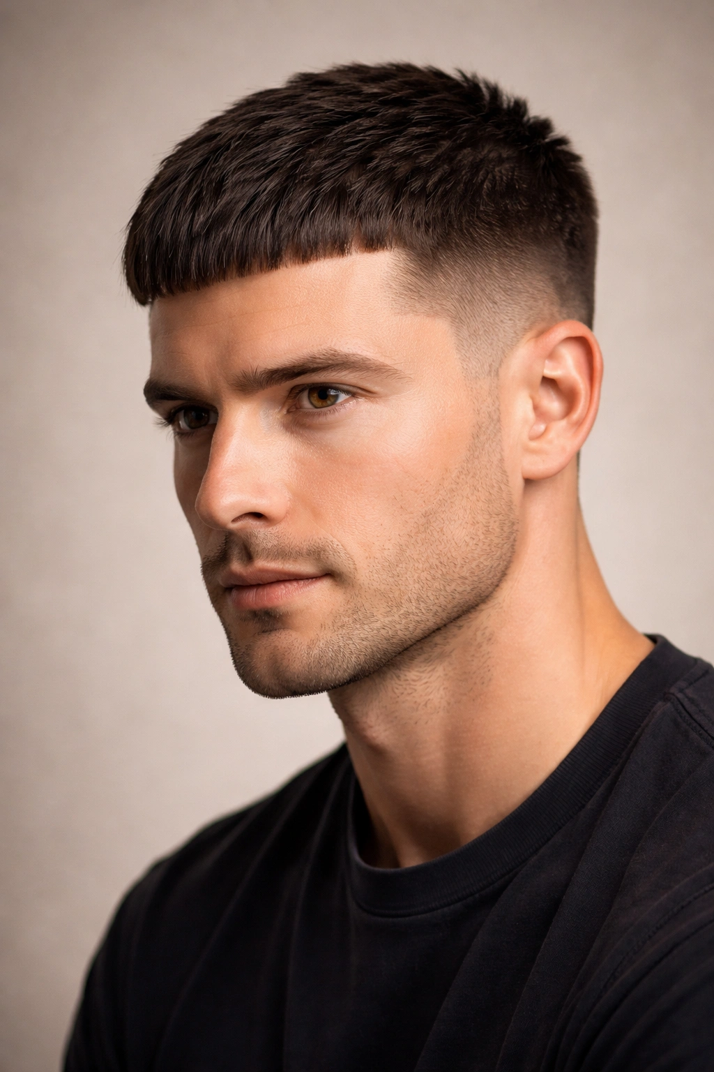 Close-up of a man with a Caesar cut featuring a forward brushed fringe