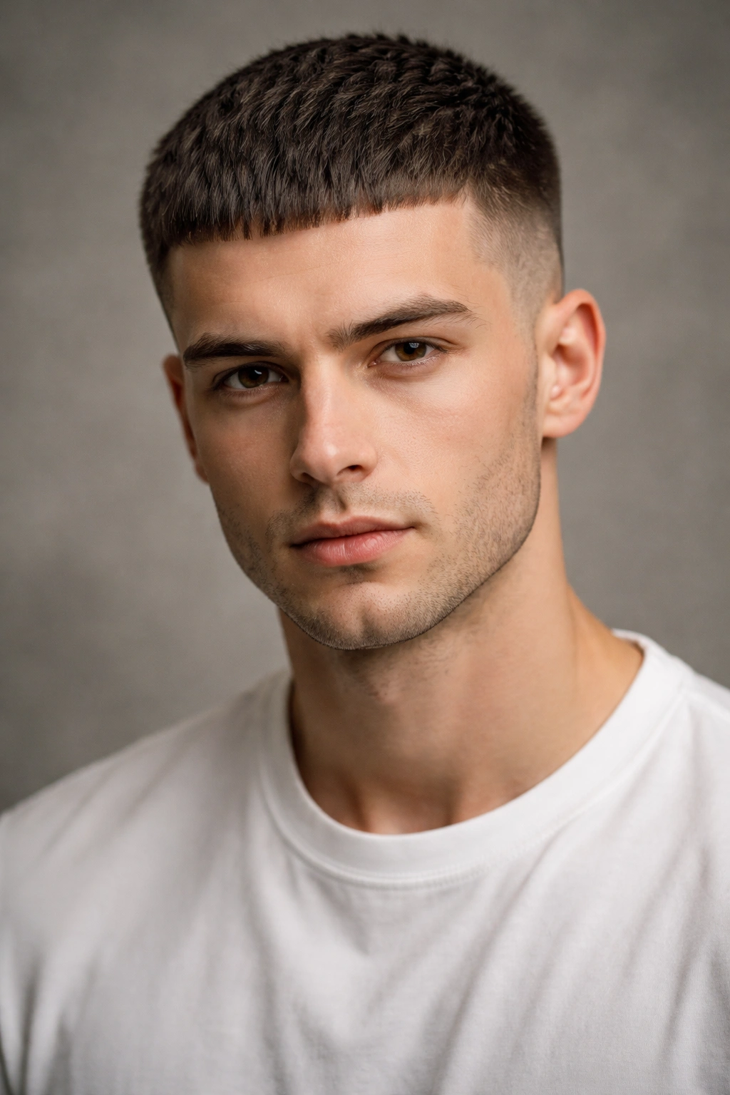 Close-up of a man with The Caesar Cut featuring a short fringe and subtle side fade.
