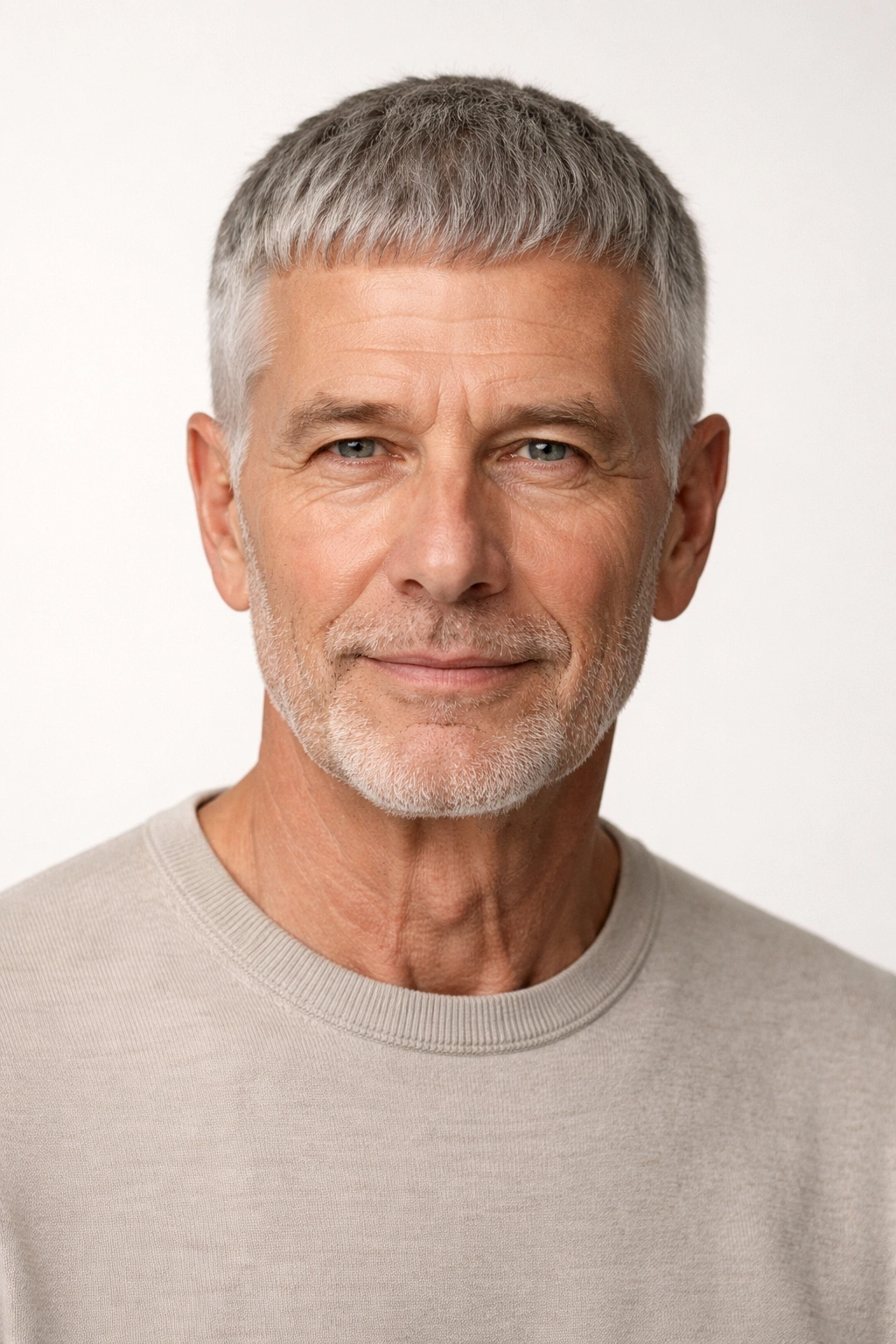 Man with Caesar cut featuring forward fringe