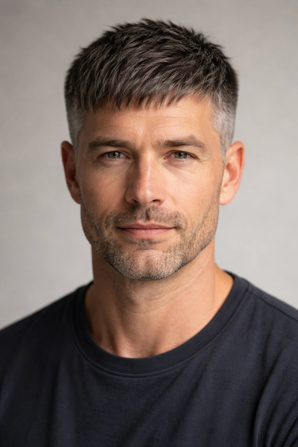 Close-up of a man with a Caesar cut and forward fringe