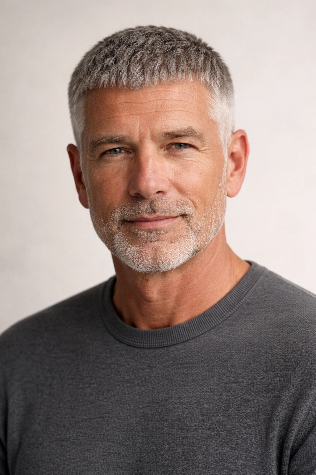 Close-up of a gray-haired man with a Caesar cut and forward fringe