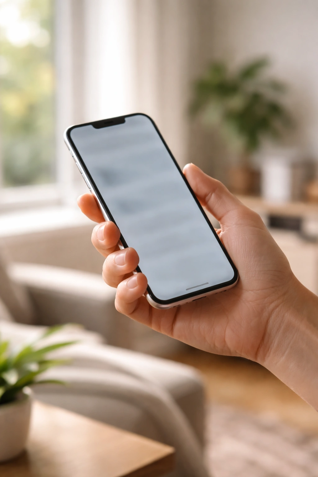 Hand holding a smartphone in a home setting to seek medical advice