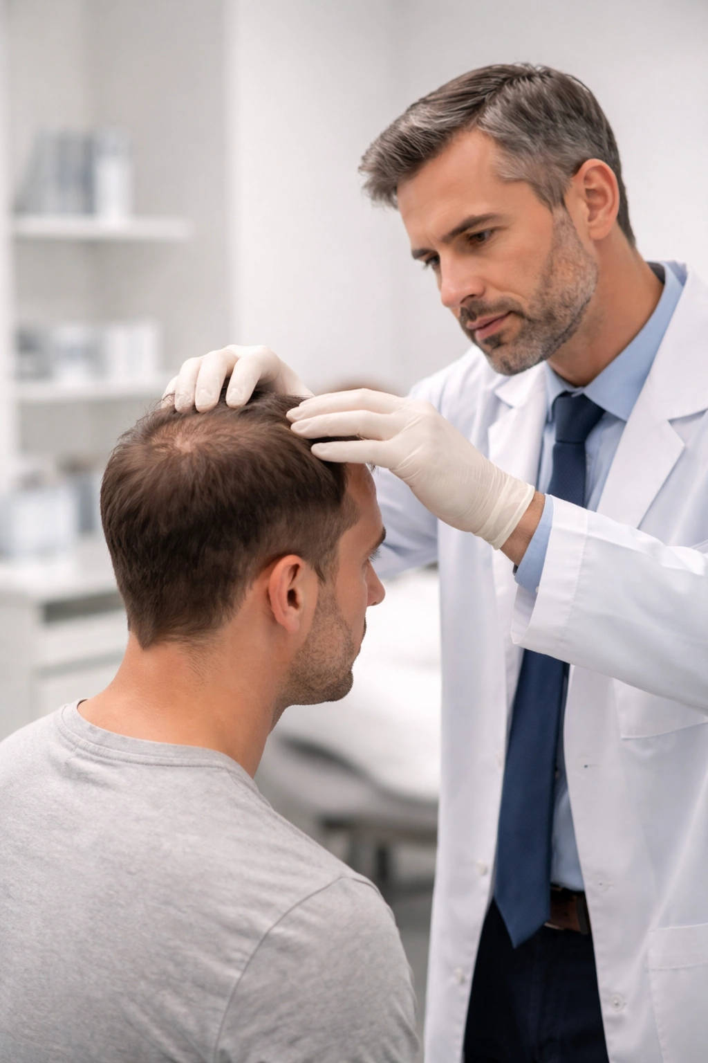 Dermatologist assessing hair loss candidate for transplant