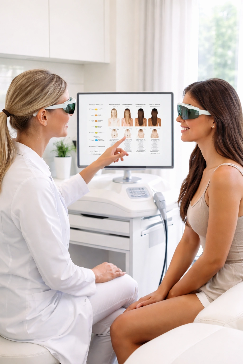 Clinician and patient during laser hair removal consultation assessing candidacy