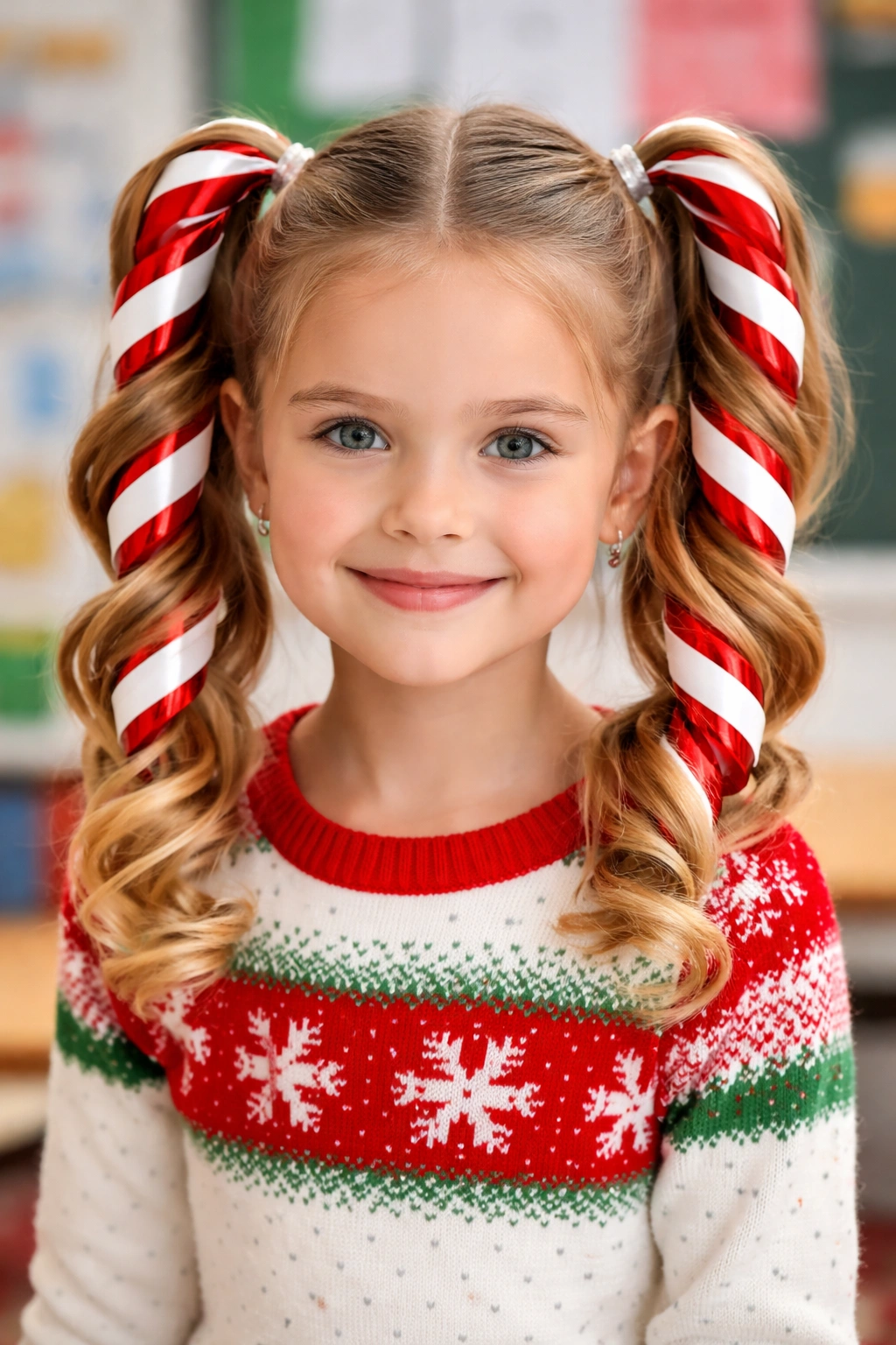 Two pigtails wrapped with red and white candy cane ribbons