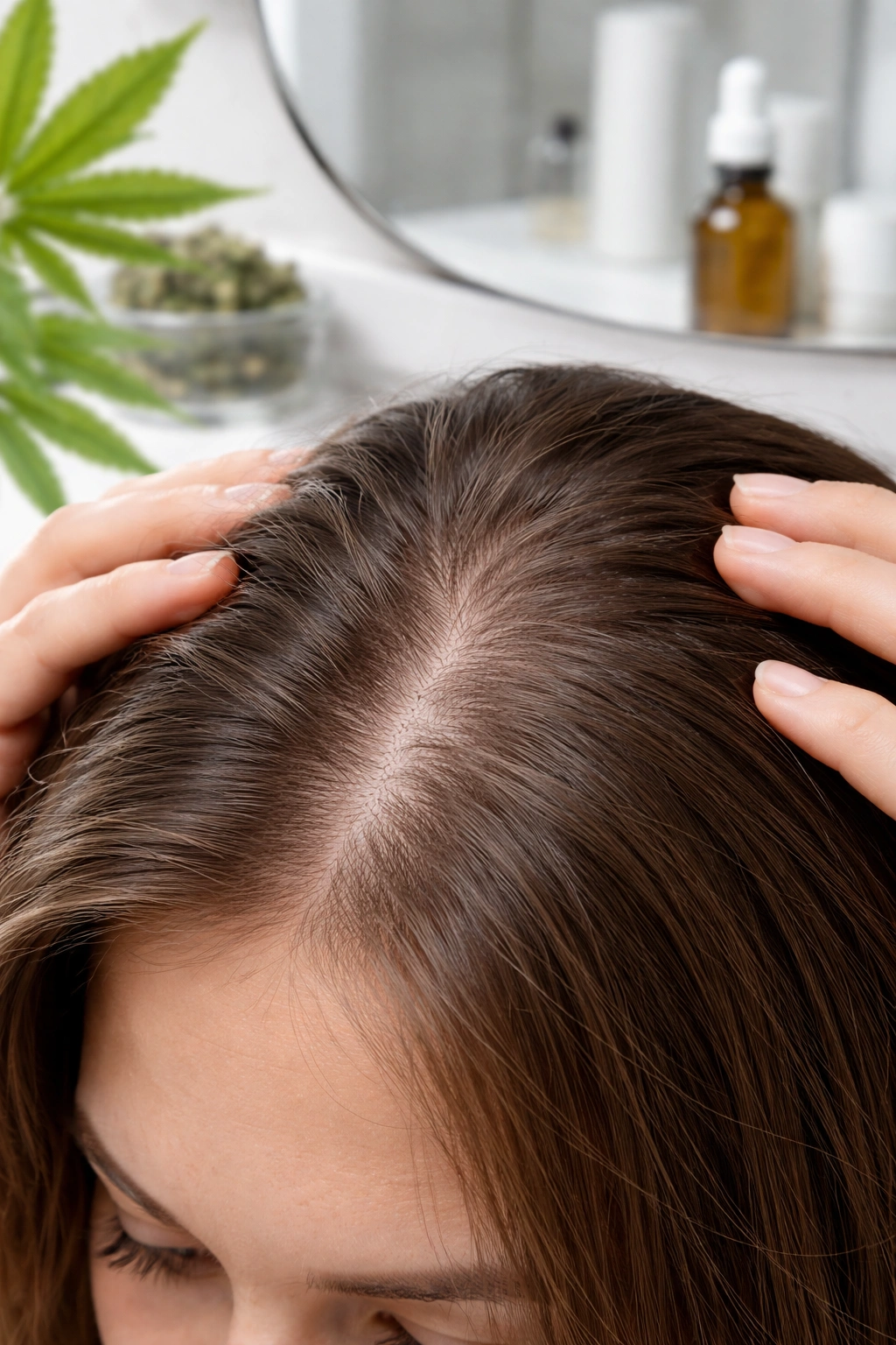 Close-up of hair strands and scalp indicating cannabis-related hair effects