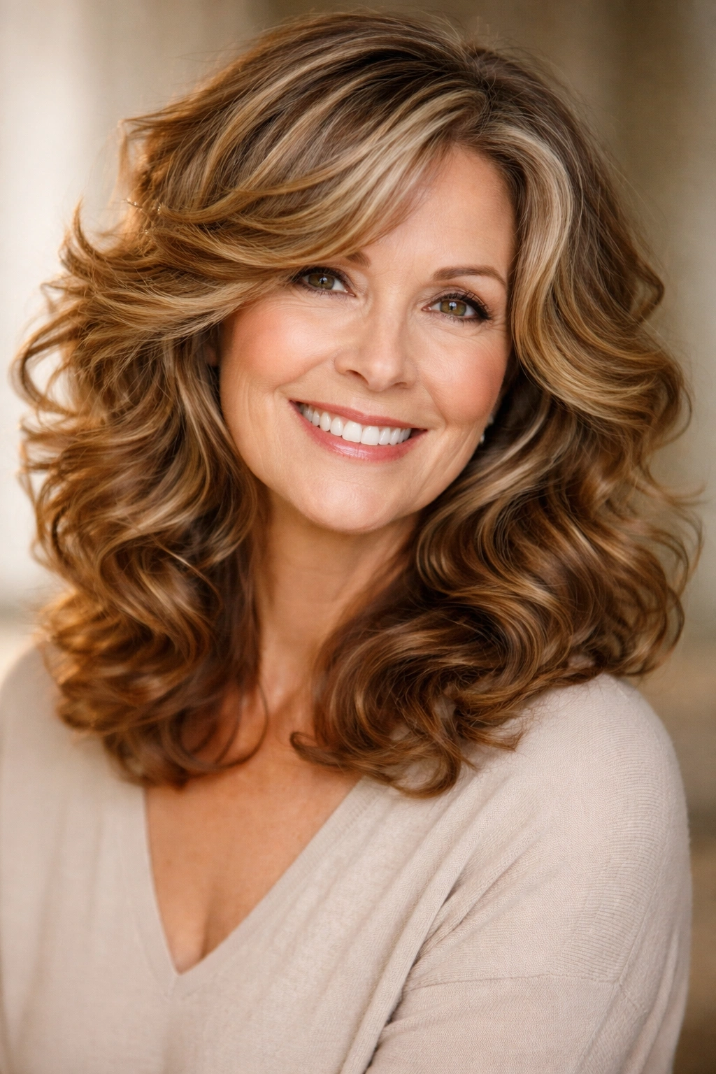 Portrait of a woman with loose curls and caramel highlights