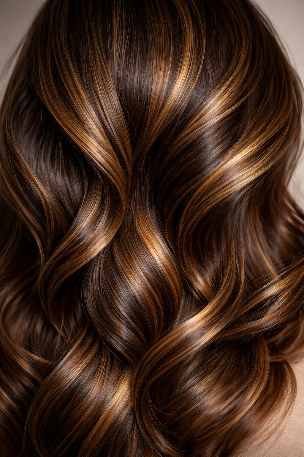 Hair with warm caramel and honey lowlights for depth