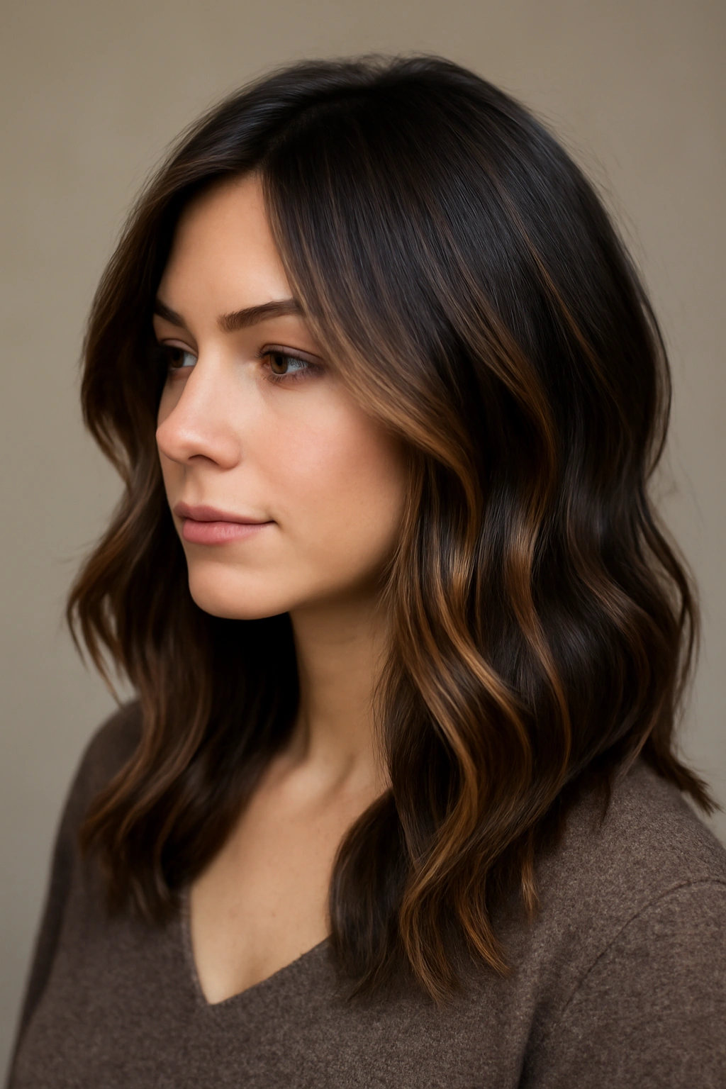15 Dark Chocolate Hair Ideas That Look Rich and Luxurious on Every Skin Tone 9 Close-up of chocolate-brown hair with caramel ribbons and face-framing layers