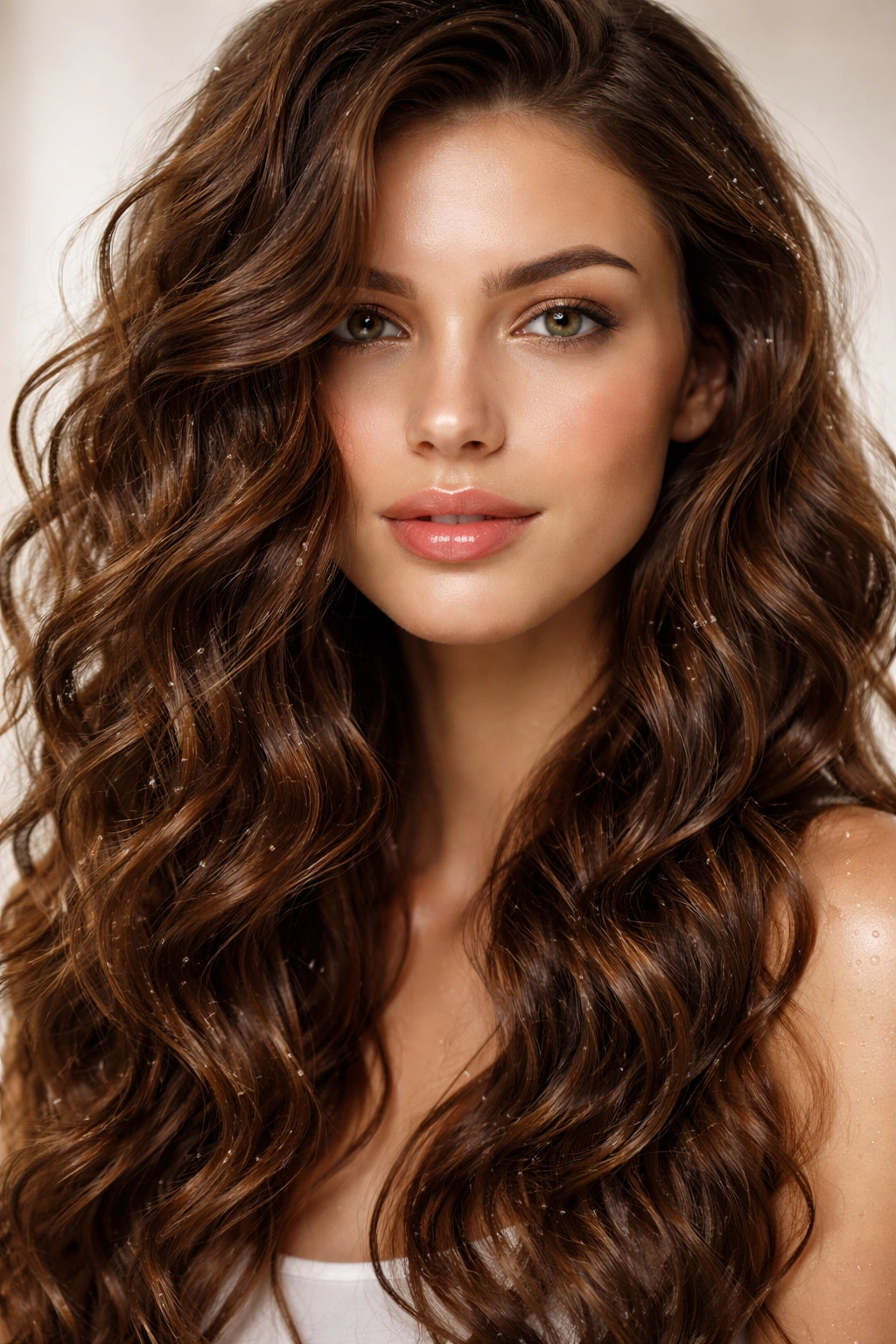 Close-up of well-defined wavy hair with moisture beads under soft lighting