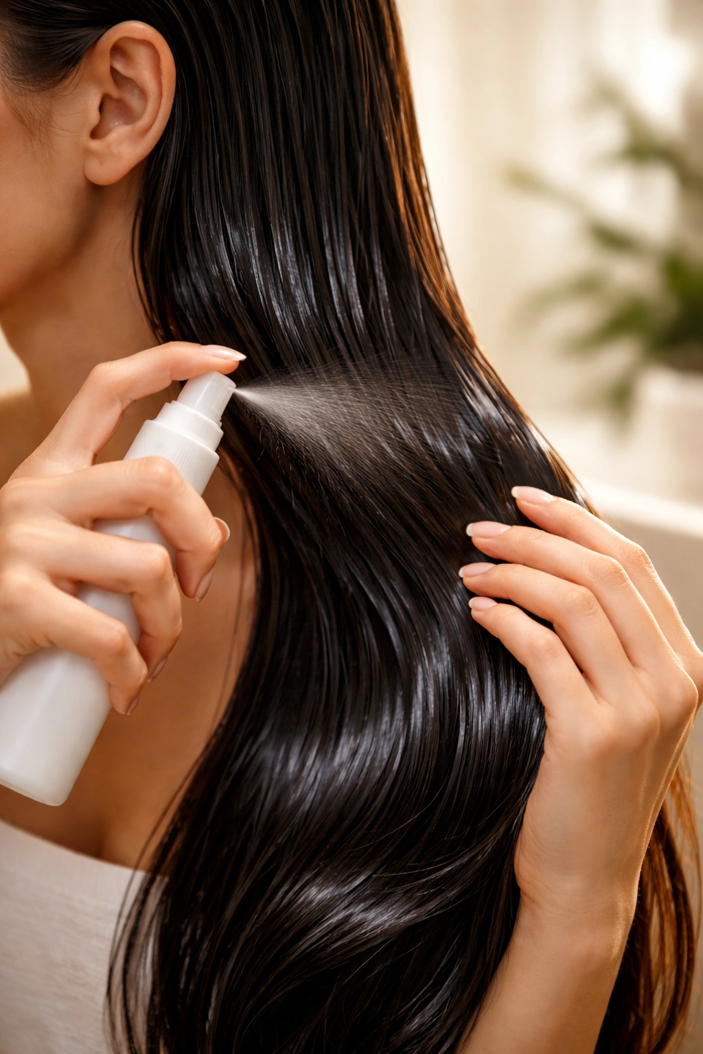 Hand applying a lightweight hair product to glossy low porosity hair.