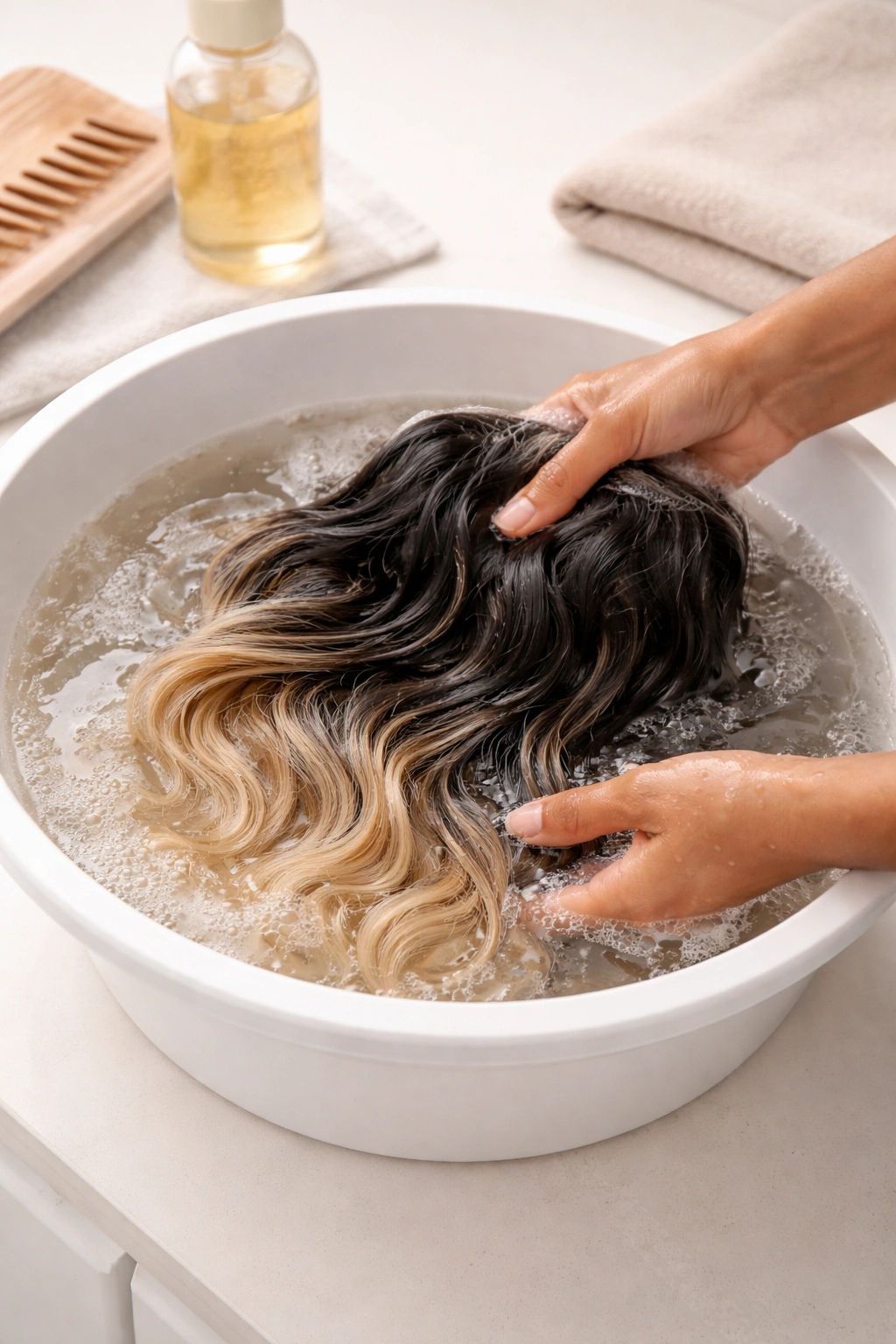 Hairpiece being washed in basin with lukewarm water to demonstrate care