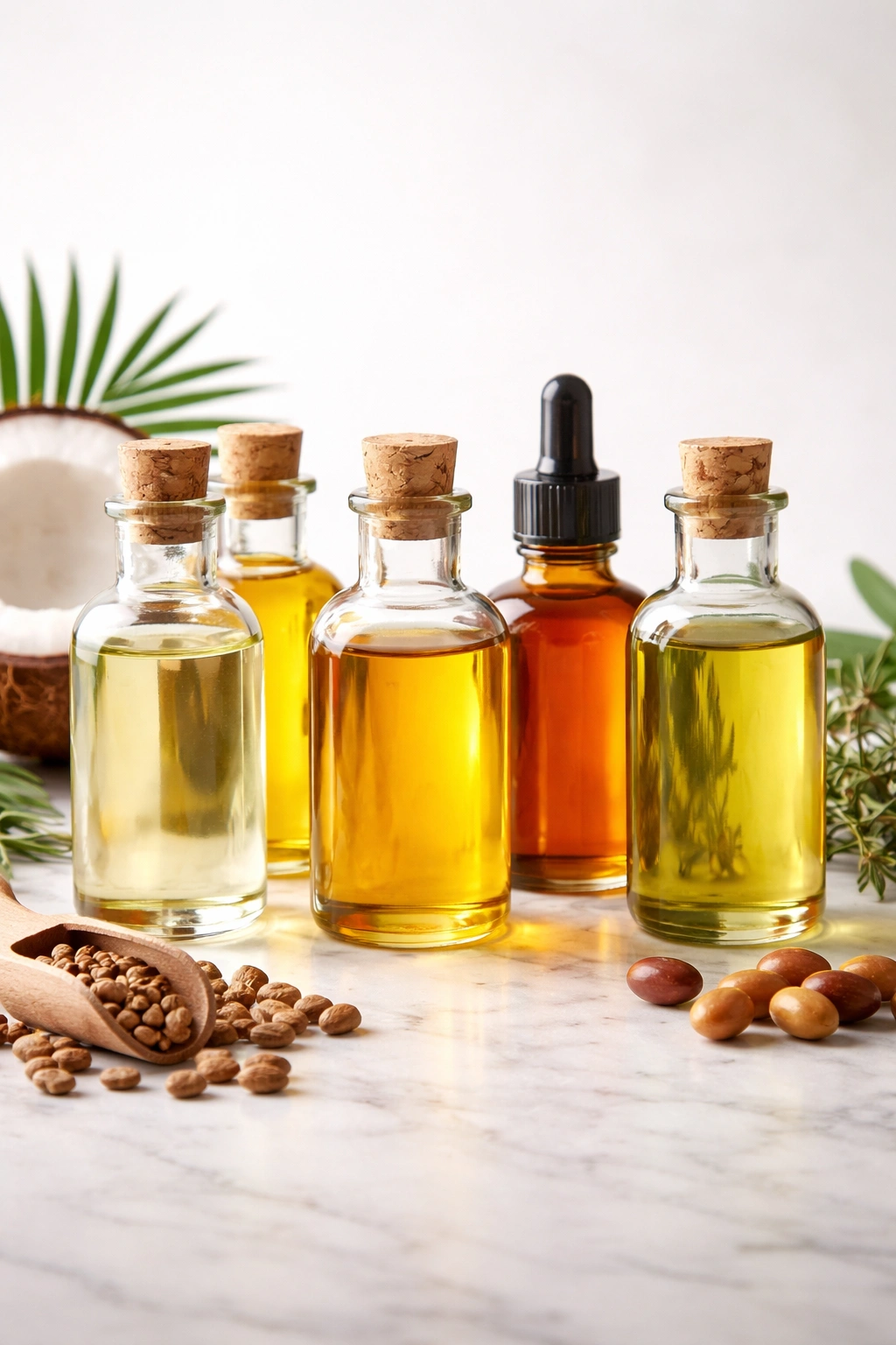Assorted carrier oil bottles for hair growth on white background