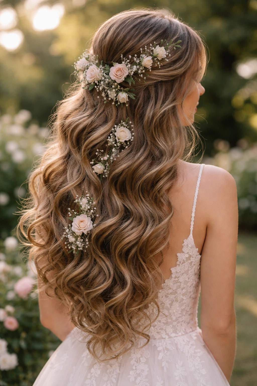 Cascading curls with woven flowers for a romantic bridal look